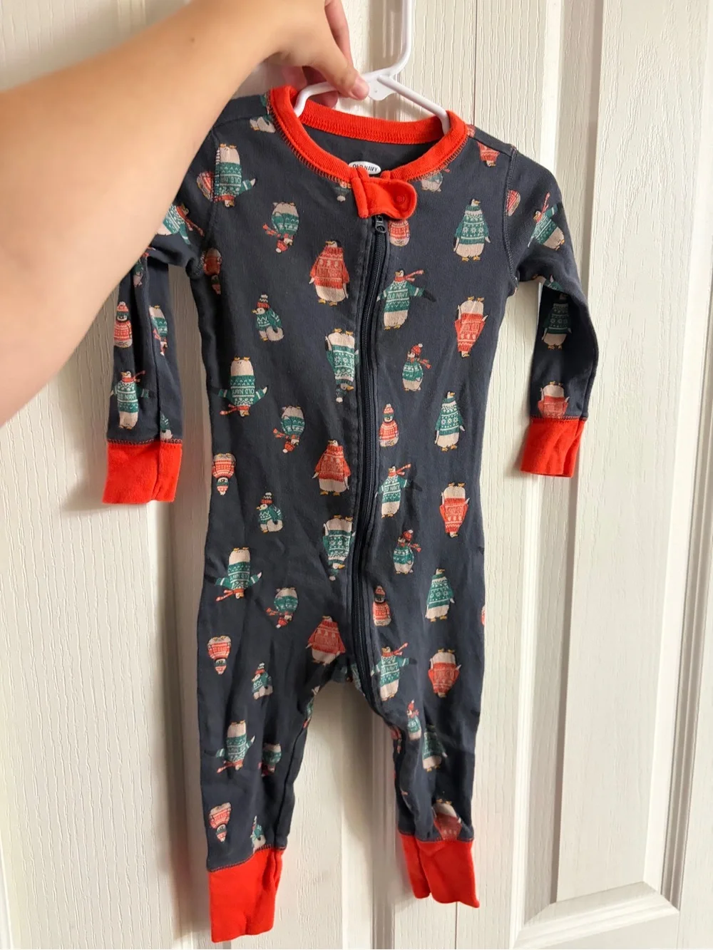 Old Navy Navy Penguin Print Footed Pajamas with Red Trim